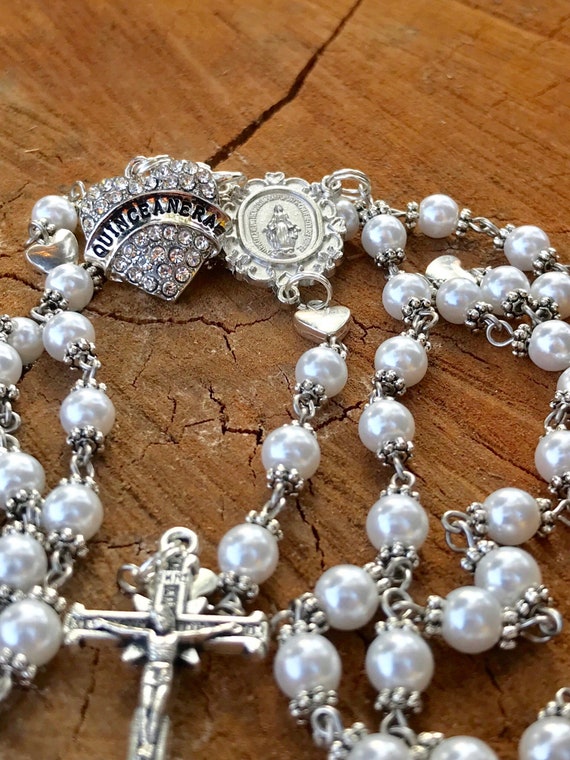 Catholic Rosary Beads ~ Quinceanera ~ Quinceanera Gift ~ Quinceanera Rosary ~ Quinceanera Catholic ~ White Glass Pearl Rosary Beads ~ 15 ~