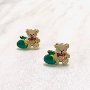 Enamel Teddy Bear with Gift Bag Stud-Christmas Stud-Holiday Stud-Gift Ideas