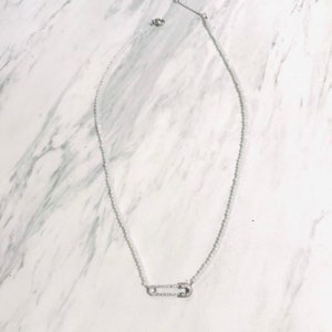 CZ Diaper Pin & White Crystal Necklace-Handmade Necklace-Delicate Necklace-Glitzy Necklace