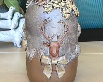 Upcycled Mason Jar with Deer / Cottage Style Chalk Paint Winter Vase / French Country Shabby Chic Vignette Jar / IOD Moulds Deer, Holly Jar