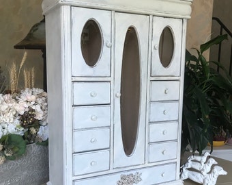 French Country Jewelry Armoire / Upcycled Vintage Shabby Chic Jewelry Storage / Farmhouse Cottage Style Chalk Painted Wooden Jewelry Box