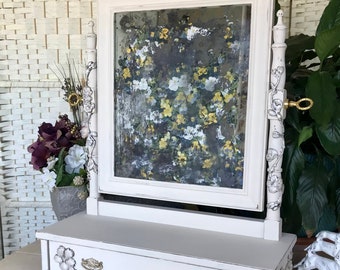 Upcycled Vintage Vanity / French Country Chalk Painted Wooden Tabletop Mirror w Drawer / Cottage Style Distressed Mirror / Furniture Moulds