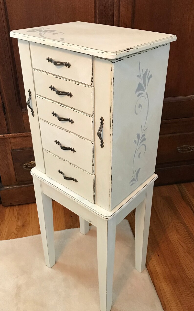 Shabby Chic Jewelry Armoire Upcycled Vintage Jewelry Storage French Country Chalk Painted Wooden Jewelry Organizer Womens Gifts