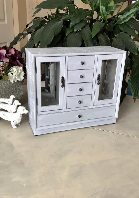 Shabby Chic Jewelry Armoire Upcycled Vintage Jewelry Storage French Country Chalk Painted Wooden Jewelry Organizer Womens Gifts