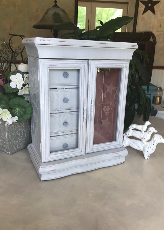 Upcycled Vintage Jewelry Armoire French Cottage Chalk Painted Wooden Box Shabby Chic Storage Ooak Farmhouse