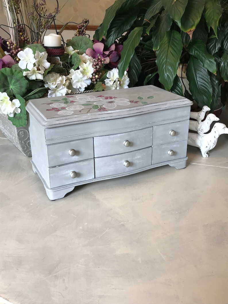 French Cottage Jewelry Chest Upcycled Vintage Jewelry Box Shabby Chic Chalk Painted Wooden Jewelry Storage OOAK Farmhouse Decor
