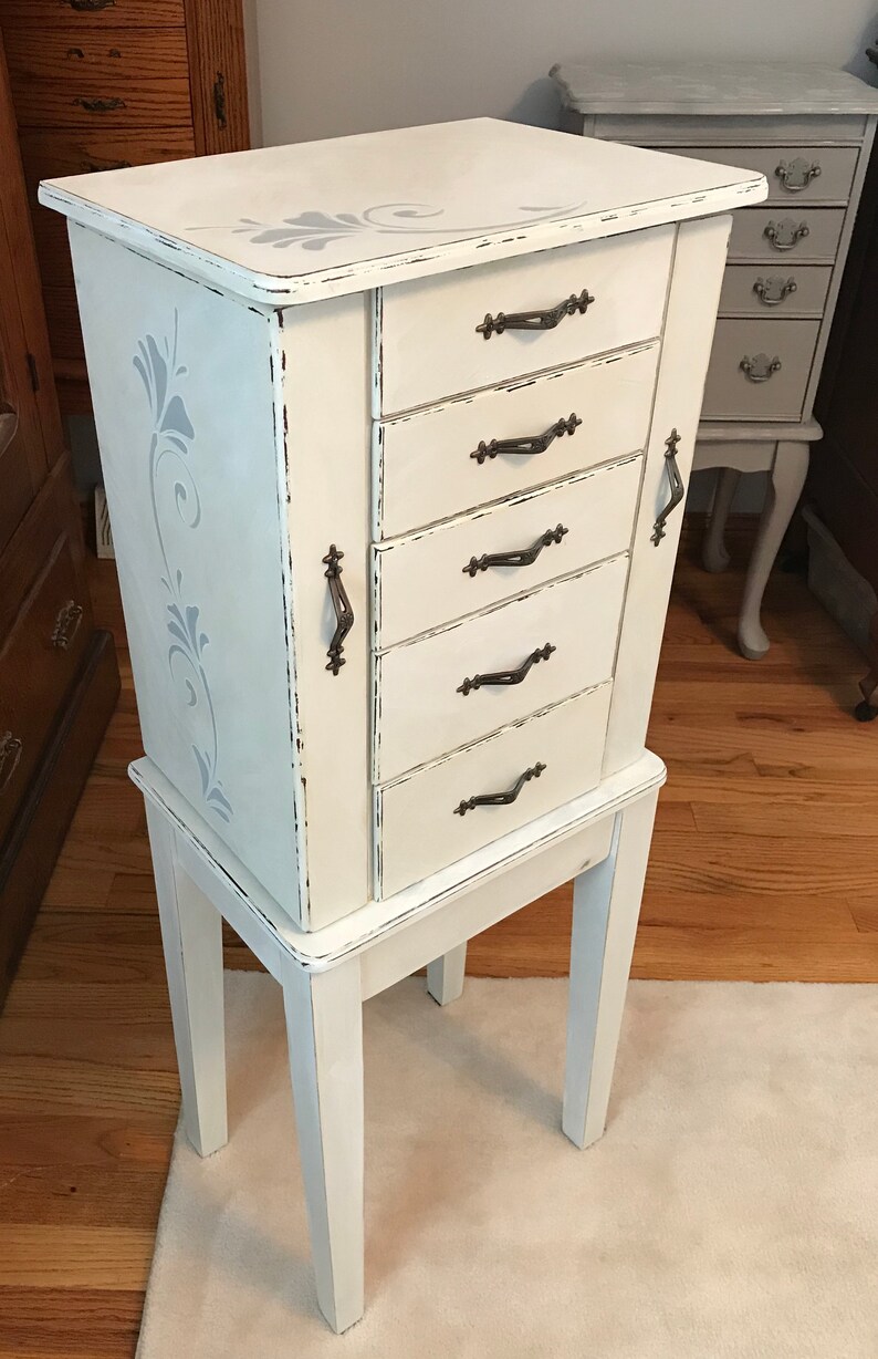Shabby Chic Jewelry Armoire Upcycled Vintage Jewelry Storage French Country Chalk Painted Wooden Jewelry Organizer Womens Gifts