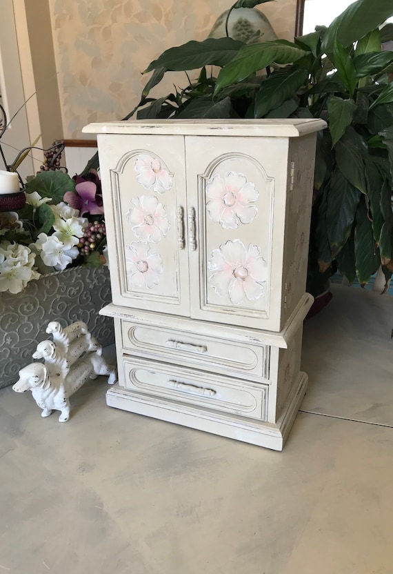 Shabby Chic Jewelry Armoire Upcycled Vintage Box French Country Chalk Painted Wooden Storage Ooak Womens Gifts