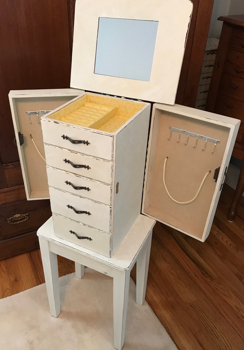 Shabby Chic Jewelry Armoire Upcycled Vintage Jewelry Storage French Country Chalk Painted Wooden Jewelry Organizer Womens Gifts
