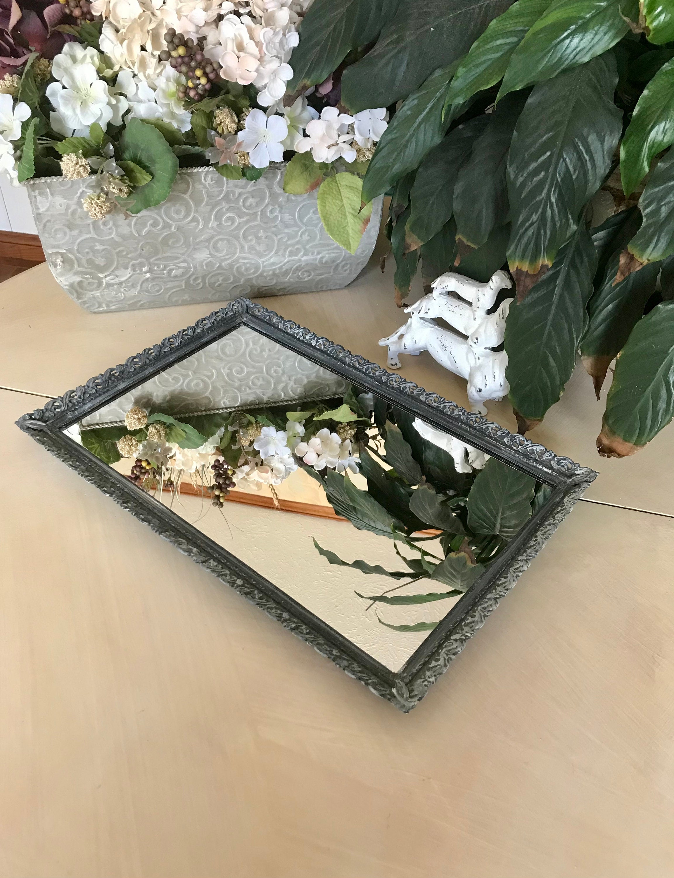Cottage Style Vanity Mirror Tray / Upcycled Vintage Shabby Etsy