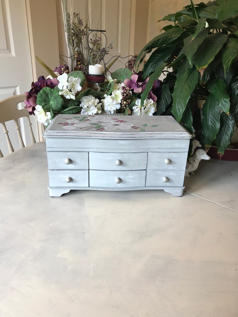French Cottage Jewelry Chest Upcycled Vintage Jewelry Box Shabby Chic Chalk Painted Wooden Jewelry Storage OOAK Farmhouse Decor