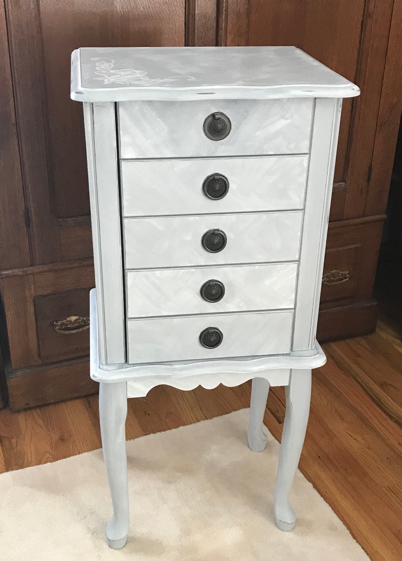 Full Sized Jewelry Armoire French Country Chalk Painted Wooden Storage Ooak Farmhouse Decor Upcycled Vintage Chest