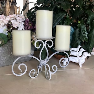Farmhouse Chalk Painted Candle Holder / French Country Wrought Iron Candelabra / Whitewashed  Shabby Chic Candelabra / Cottage Chic Wedding