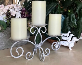 Farmhouse Chalk Painted Candle Holder / French Country Wrought Iron Candelabra / Whitewashed  Shabby Chic Candelabra / Cottage Chic Wedding