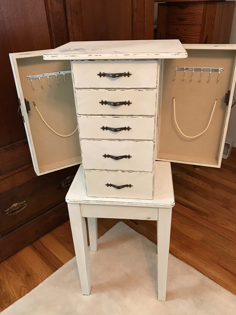 Shabby Chic Jewelry Armoire Upcycled Vintage Jewelry Storage French Country Chalk Painted Wooden Jewelry Organizer Womens Gifts