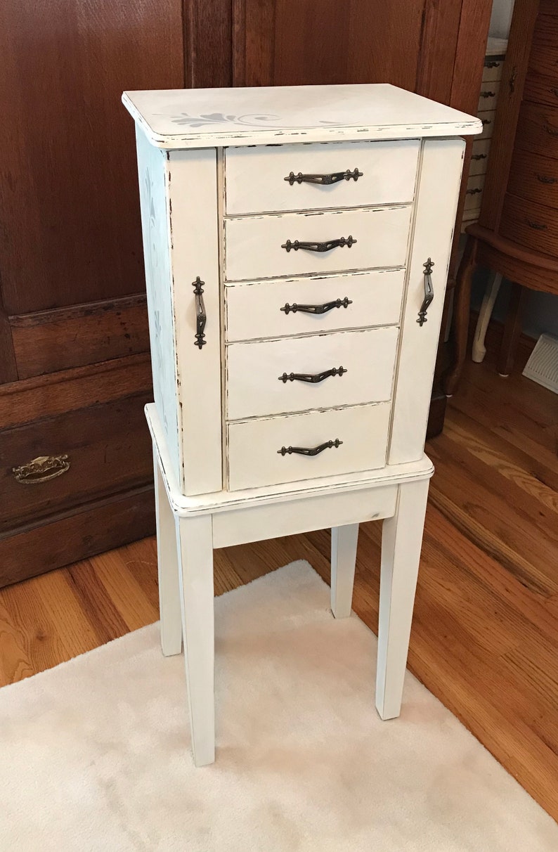 Shabby Chic Jewelry Armoire Upcycled Vintage Jewelry Storage French Country Chalk Painted Wooden Jewelry Organizer Womens Gifts