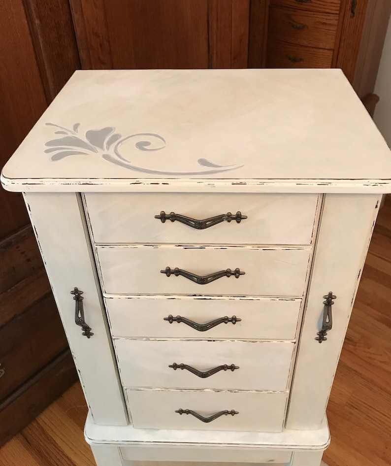 Shabby Chic Jewelry Armoire Upcycled Vintage Jewelry Storage French Country Chalk Painted Wooden Jewelry Organizer Womens Gifts