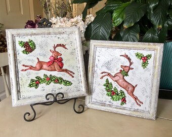 Upcycled Vintage Framed Picture set of 2 / Farmhouse Cottagecore Decor Holiday Artwork / Shabby Chic French Country Style  / Gallery Wall