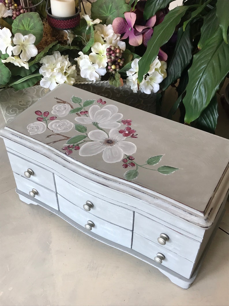 French Cottage Jewelry Chest Upcycled Vintage Jewelry Box Shabby Chic Chalk Painted Wooden Jewelry Storage OOAK Farmhouse Decor