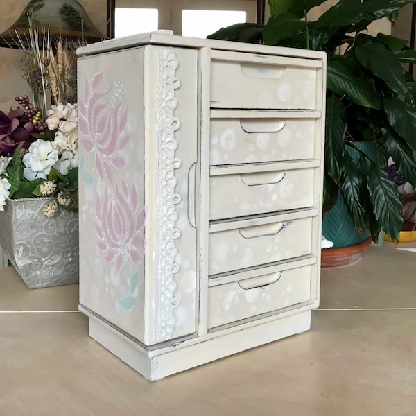 French Country Jewelry Armoire / Upcycled Vintage Shabby Chic Jewelry Box / Farmhouse Cottage Style Chalk Painted Wooden Jewelry Storage