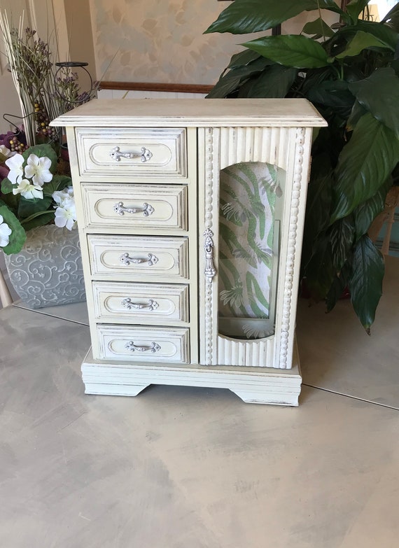 Shabby Chic Jewelry Armoire Vintage Upcycled Box Chalk Paint Wooden Storage Ooak Designer Womens Gifts