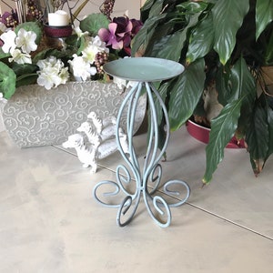 Shabby Chic Pillar Candle Holder / French Country  Wedding Decor / Duck Egg Blue Chalk Painted Wrought Iron Candelabra / Farmhouse Decor