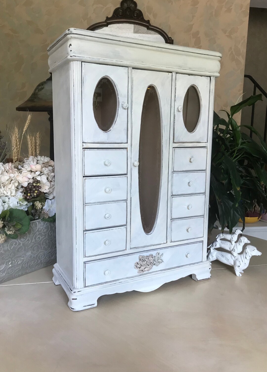 French Country Jewelry Armoire / Upcycled Vintage Shabby Chic Jewelry
