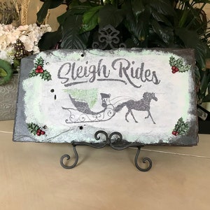 Upcycled Vintage Slate Shelf Sitter / Farmhouse Cottagecore Holiday Decor / Winter Sleigh Ride Artwork Vignette / French Country Wall Art
