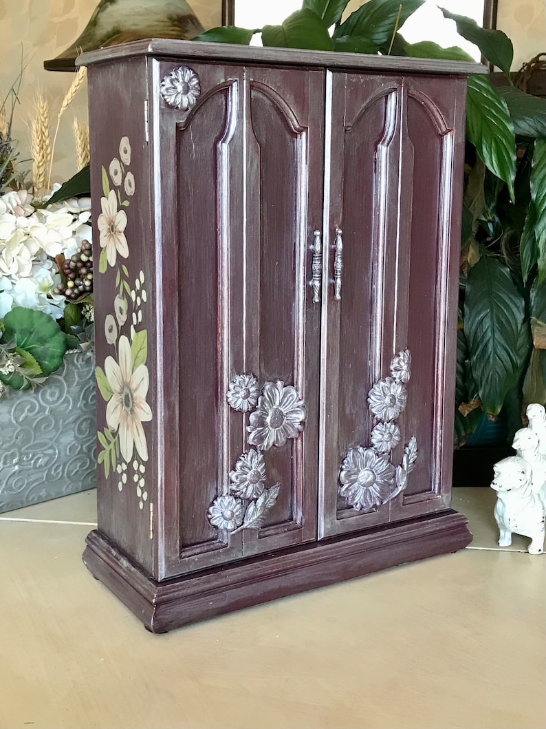 Upcycled Vintage Jewelry Armoire / French Country Shabby Chic Jewelry Storage / Farmhouse Cottagecore Chalk Painted Wooden Jewelry Box image 2