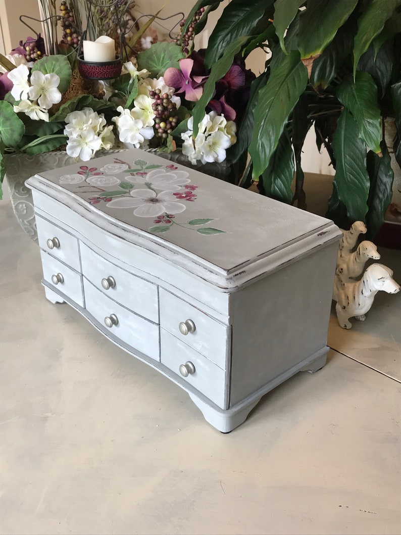 French Cottage Jewelry Chest Upcycled Vintage Jewelry Box Shabby Chic Chalk Painted Wooden Jewelry Storage OOAK Farmhouse Decor