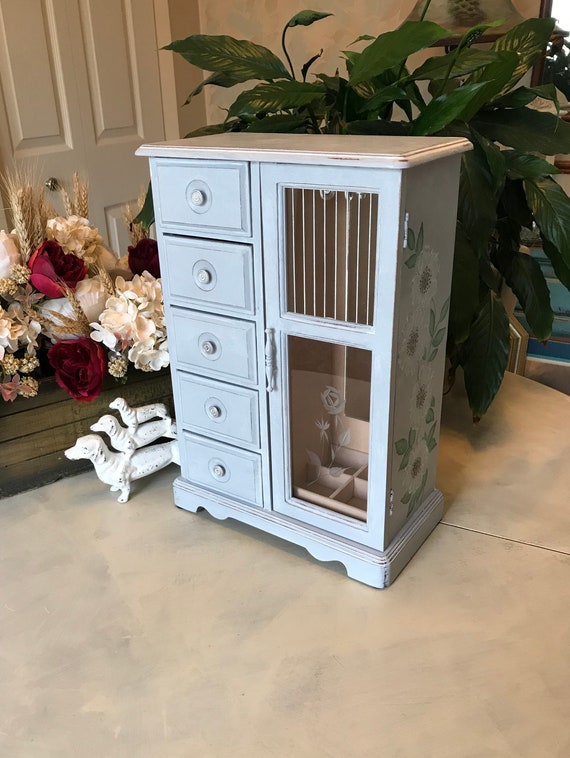 Upcycled Vintage Jewelry Armoire Shabby Chic Box French Country Chalk Painted Wooden Storage Ooak Organizer