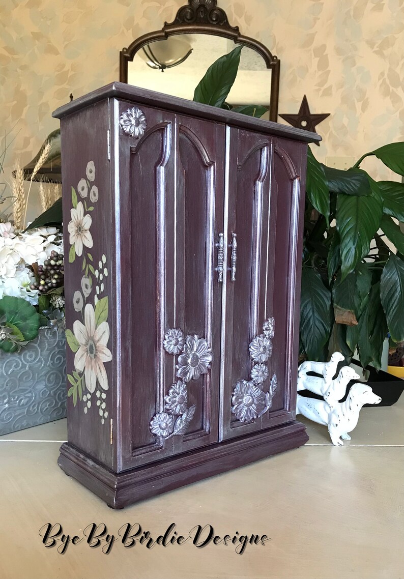 Upcycled Vintage Jewelry Armoire / French Country Shabby Chic Jewelry Storage / Farmhouse Cottagecore Chalk Painted Wooden Jewelry Box image 1