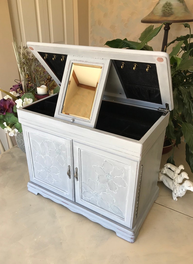 Shabby Chic Jewelry Armoire Upcycled Vintage Jewelry Storage French Country Chalk Painted Wooden Jewelry Organizer Womens Gifts