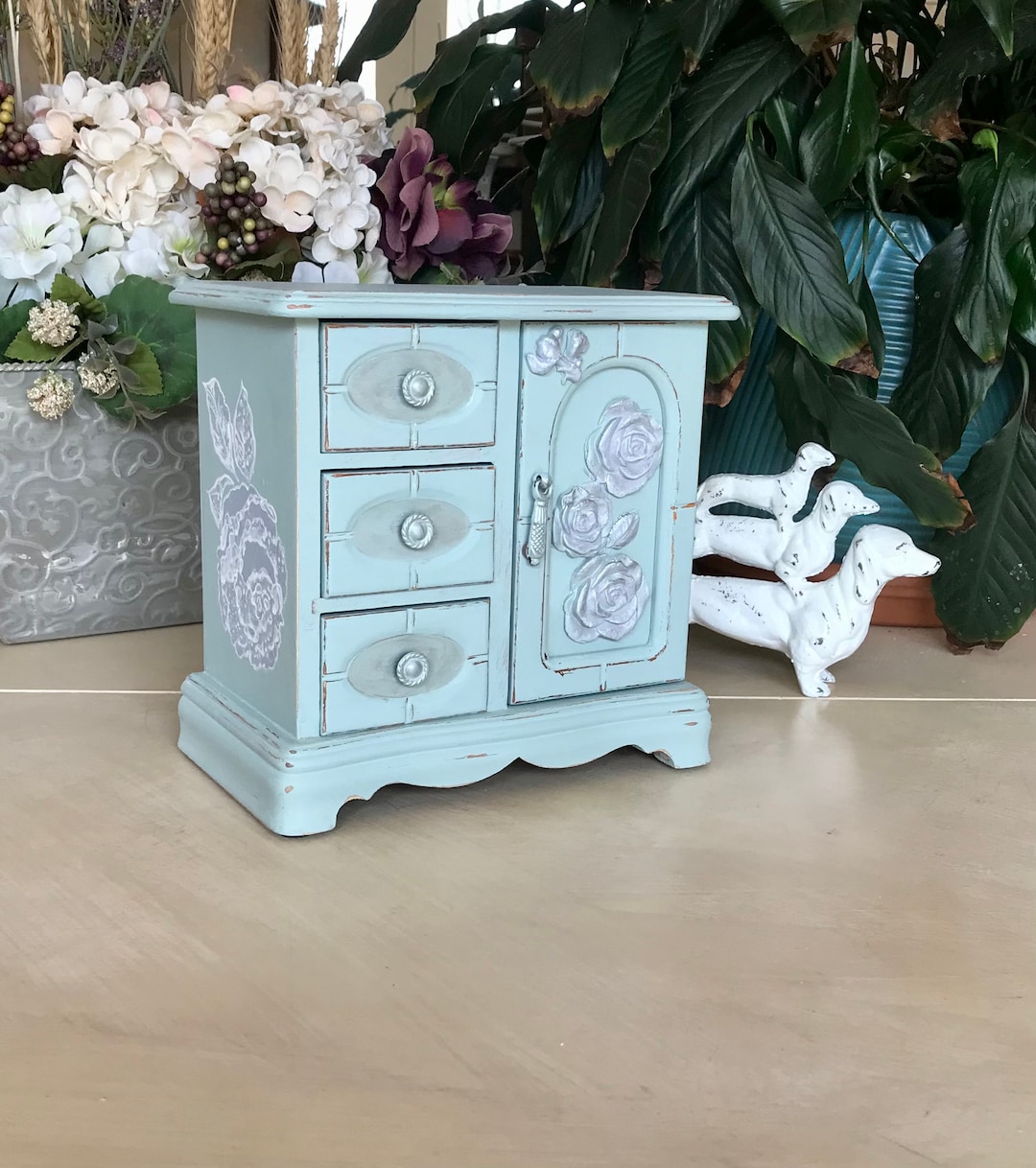 French Country Jewelry Box / Upcycled Vintage Shabby Chic Jewelry Storage / Farmhouse Cottage ...