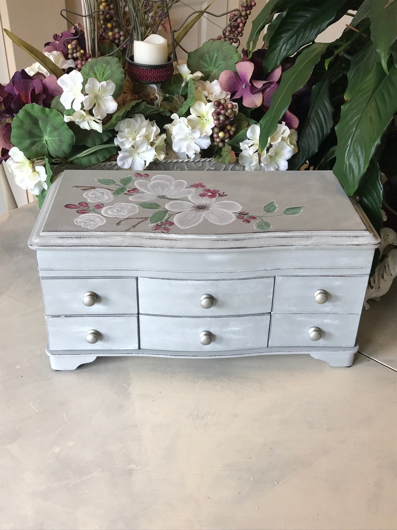 French Cottage Jewelry Chest Upcycled Vintage Jewelry Box Shabby Chic Chalk Painted Wooden Jewelry Storage OOAK Farmhouse Decor