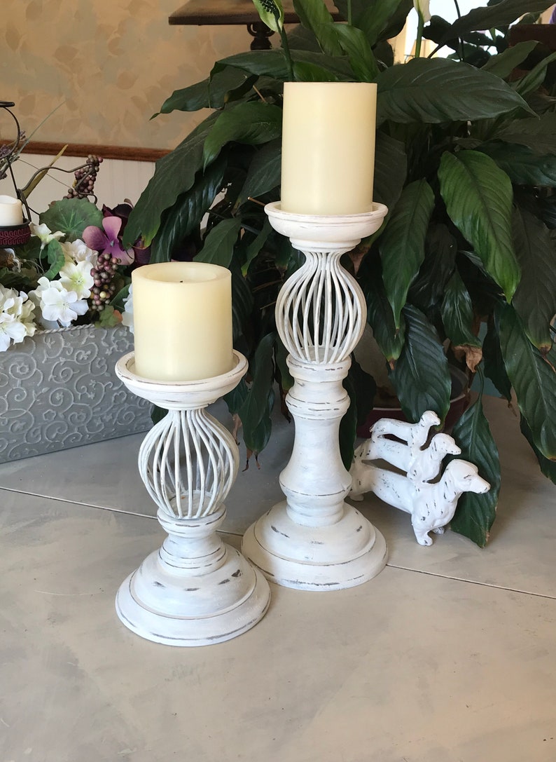 Farmhouse Pillar Candle Holders / Shabby Chic Chalk Painted Etsy