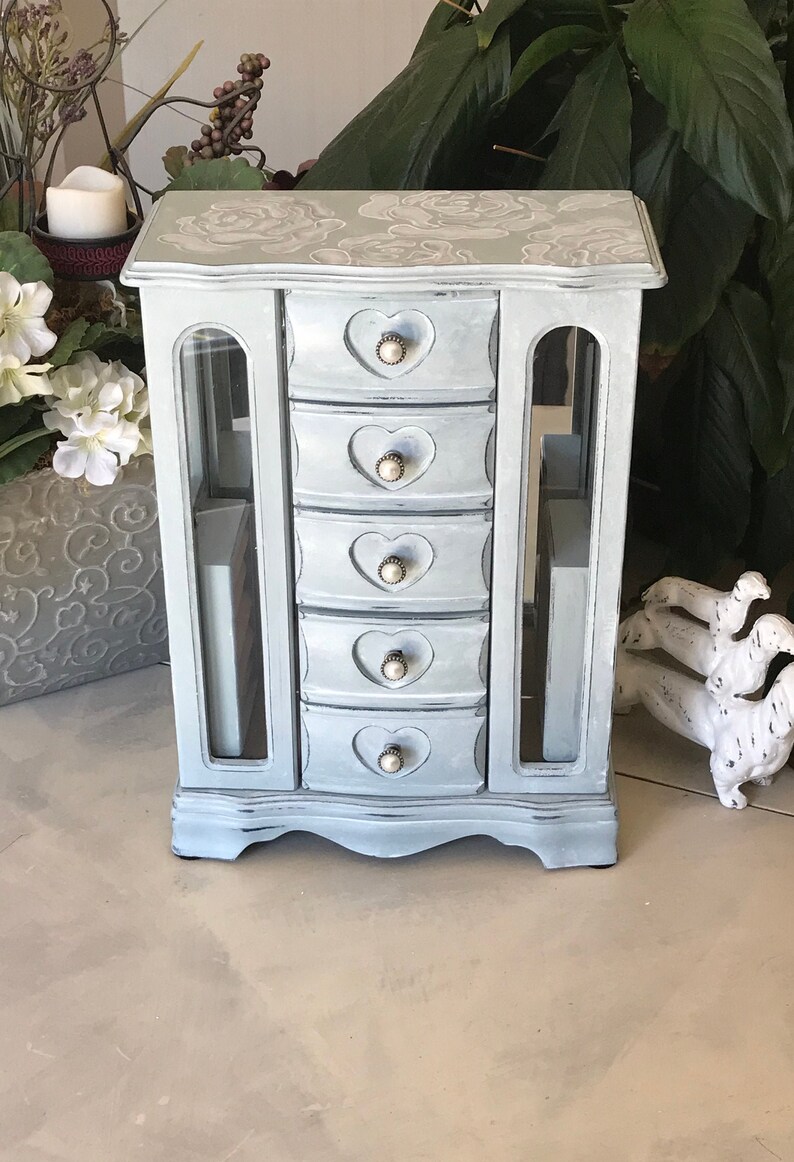 Shabby Chic Jewelry Armoire Upcycled Vintage Jewelry Storage French Country Chalk Painted Wooden Jewelry Organizer Womens Gifts