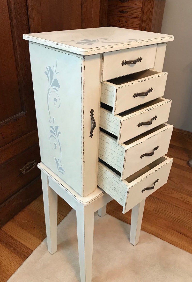 Shabby Chic Jewelry Armoire Upcycled Vintage Jewelry Storage French Country Chalk Painted Wooden Jewelry Organizer Womens Gifts