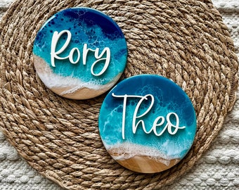 Ocean Waves Epoxy Birth Announcement Sign|  Baby Name Sign| Baby Keepsake Wooden Name Plaque | Newborn Name Sign for Hospital |Ocean Nursery