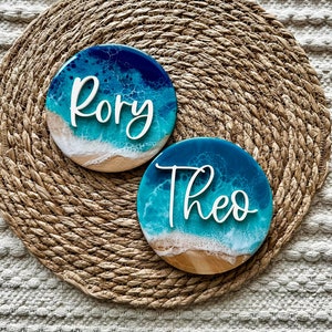 Ocean Waves Epoxy Birth Announcement Sign Baby Name Sign Baby Keepsake Wooden Name Plaque Newborn Name Sign for Hospital Ocean Nursery image 1