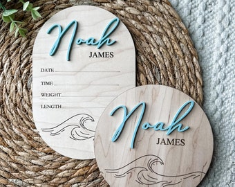 Ocean Waves Birth Announcement Sign|  Baby Name Sign | Baby Keepsake Wooden Name Plaque | Newborn Name Sign for Hospital | Ocean Nursery