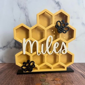 Custom Name Wooden Honeycomb Piggy Bank for boys, girls bumble bee  birthday party gift, bumblebee coin bank money safe, baby shower gift