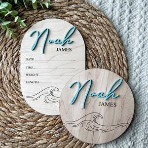 Ocean Waves Birth Announcement Sign|  Baby Name Sign | Baby Keepsake Wooden Name Plaque | Newborn Name Sign for Hospital | Ocean Nursery