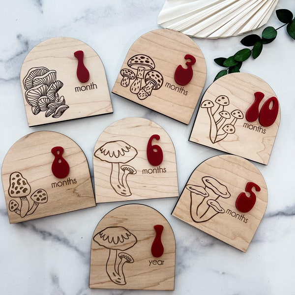 Wooden Mushroom Milestone Card Set | Cottage Core | Baby Shower Gift |  Boho Baby | Monthly Photo PropBaby Keepsake |