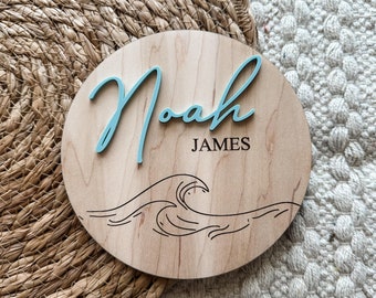 Ocean Waves Birth Announcement Sign|  Baby Name Sign | Baby Keepsake Wooden Name Plaque | Newborn Name Sign for Hospital | Ocean Nursery