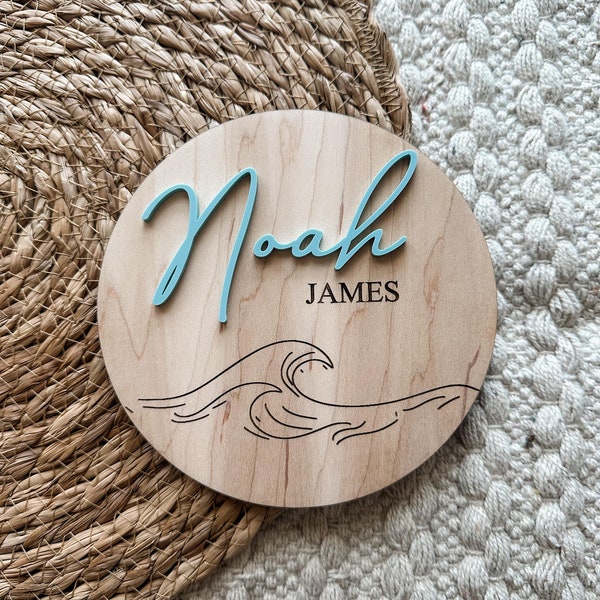 Ocean Waves Birth Announcement Sign|  Baby Name Sign | Baby Keepsake Wooden Name Plaque | Newborn Name Sign for Hospital | Ocean Nursery