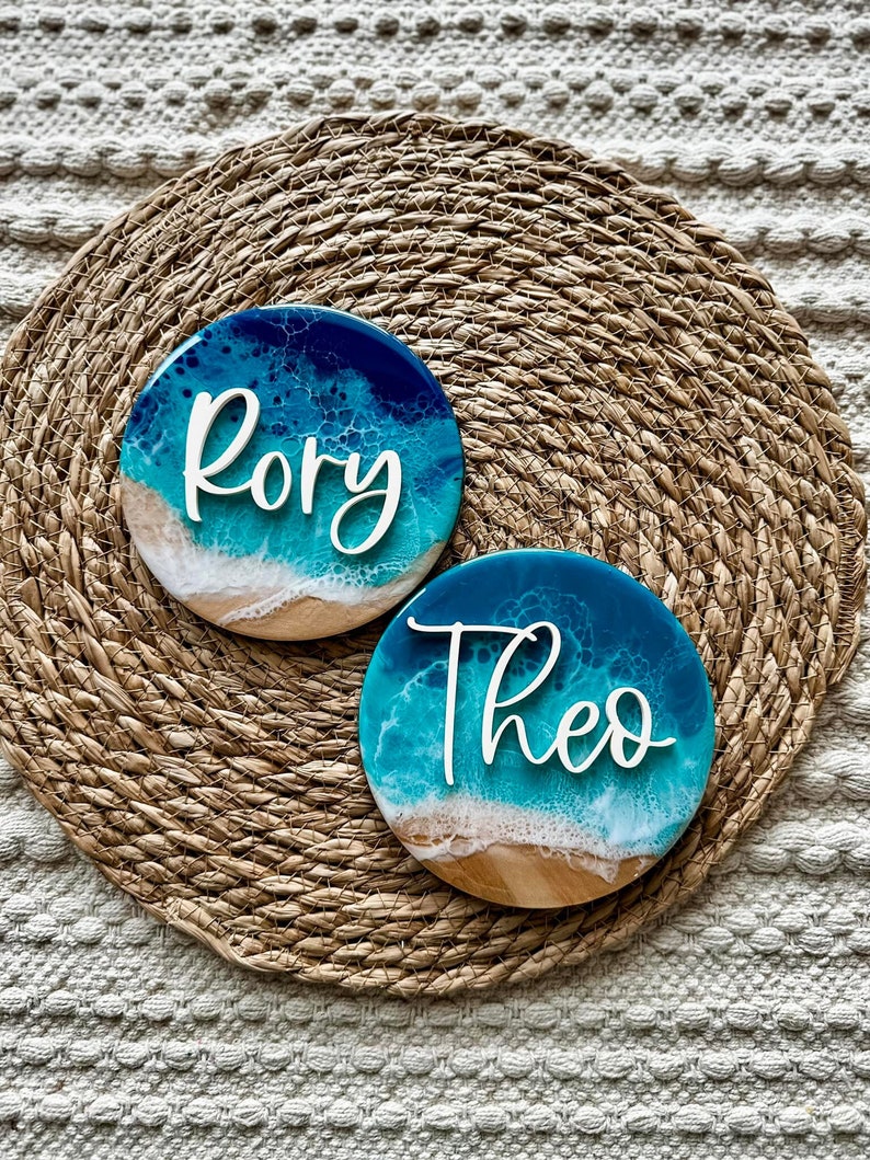 Ocean Waves Epoxy Birth Announcement Sign Baby Name Sign Baby Keepsake Wooden Name Plaque Newborn Name Sign for Hospital Ocean Nursery image 1