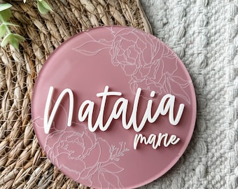 Floral Acrylic Birth Announcement Sign|  Baby Name Sign | Baby Keepsake Engraved Name Plaque | Newborn Name Sign for Hospital |