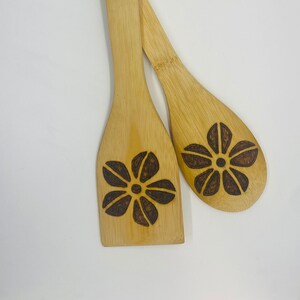 Flower Wood Burned Bamboo Kitchen Utensils