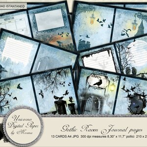 May include: Gothic Raven Journal pages digital paper pack with 13 cards in a blue and black color scheme. The cards feature ravens, a full moon, and a cityscape. The cards are 8.30 inches by 11.7 inches.
